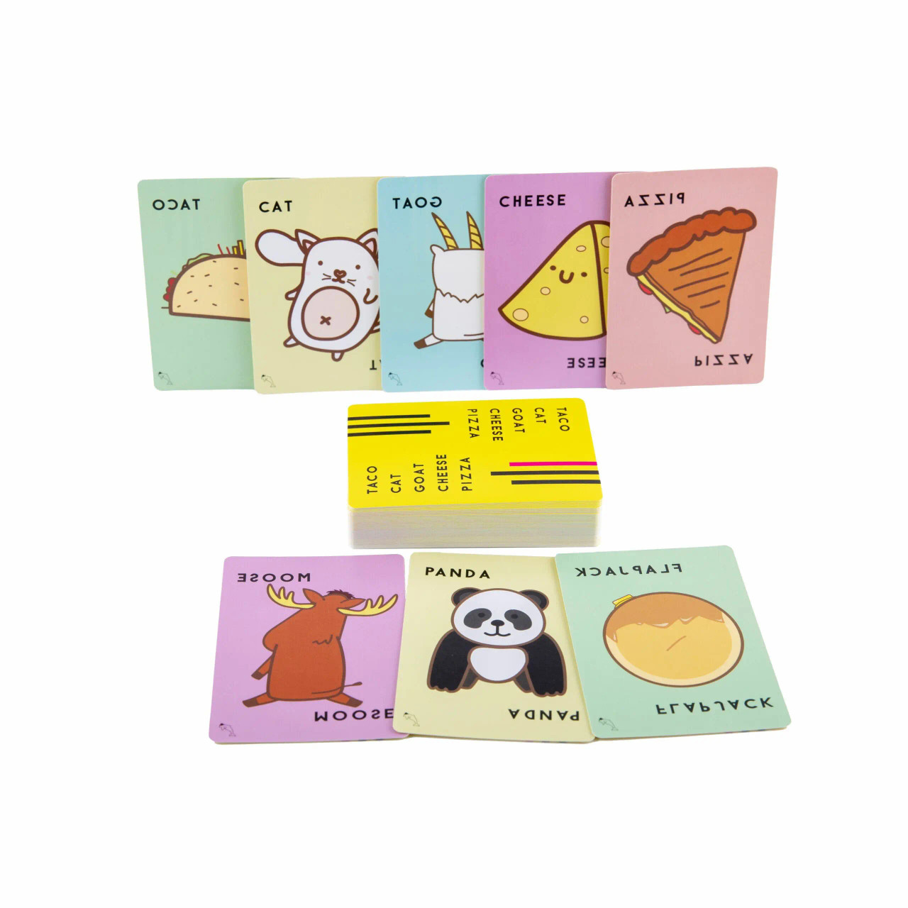 Close-up of reversed character cards from Taco Cat Goat Cheese Pizza Flip Side showing backward-facing animals and food