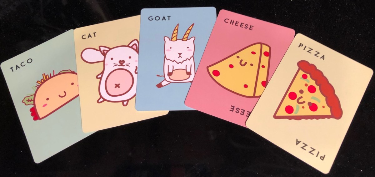 Original Taco Cat Goat Cheese Pizza card artwork showing classic character designs on paper cards