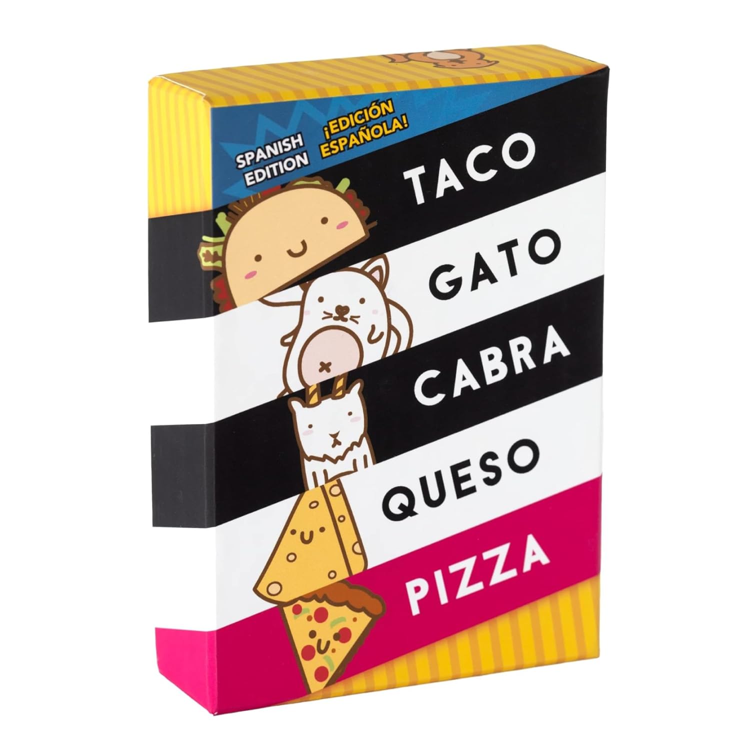 Close-up of Taco Cat Goat Cheese Pizza Spanish Edition playing cards spread out showing colorful illustrations of taco, gato, cabra, queso and pizza designs with no text