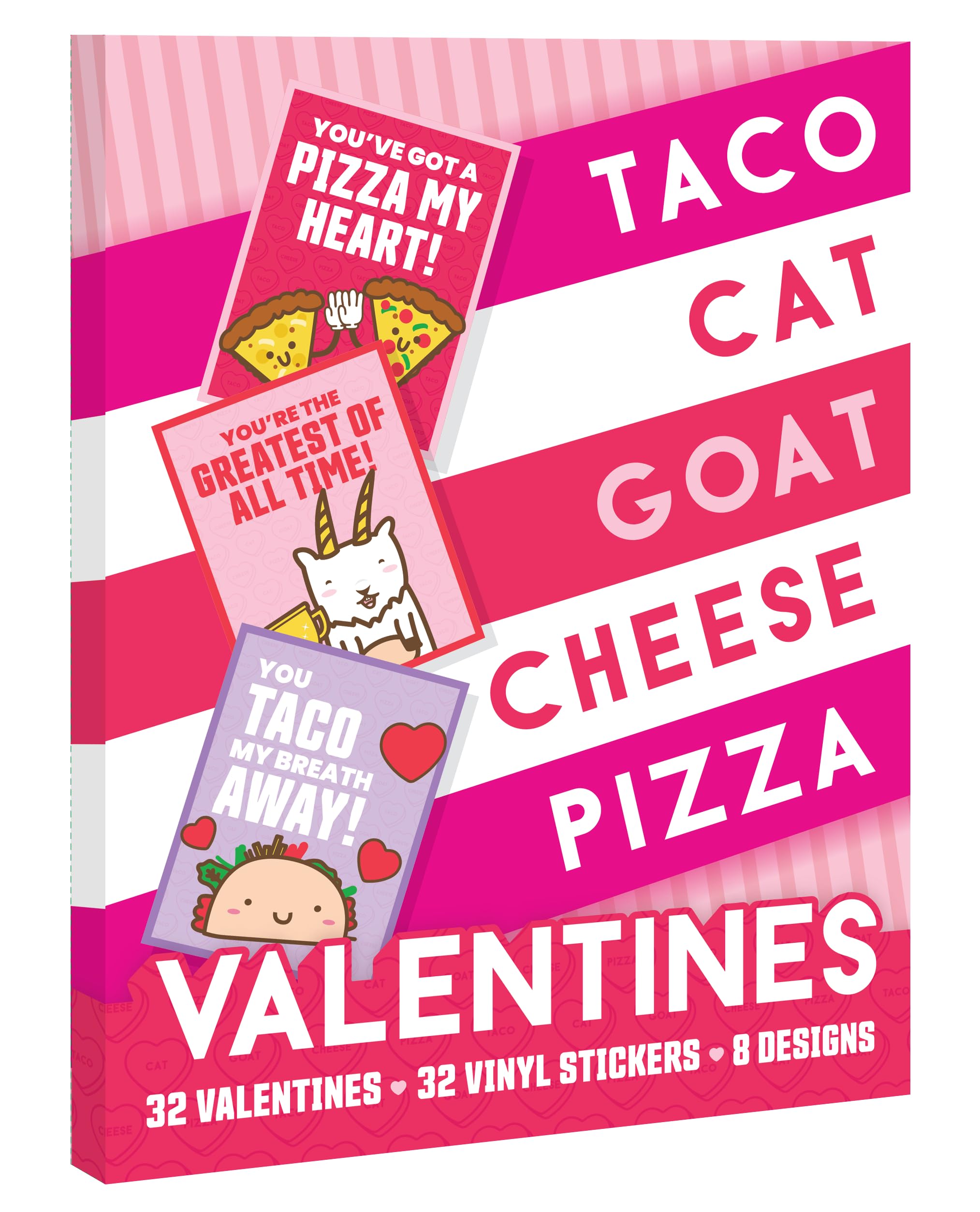 Close-up of Valentine's themed Taco Cat Goat Cheese Pizza cards with heart designs
