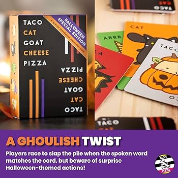 Halloween themed Taco Cat Goat Cheese Pizza cards