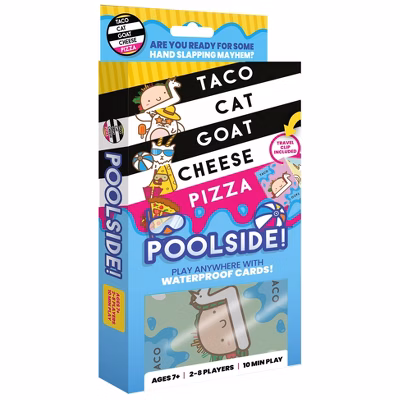 Taco Cat Goat Cheese Pizza Poolside SPLASH waterproof edition with plastic cards and carabiner clip by the pool