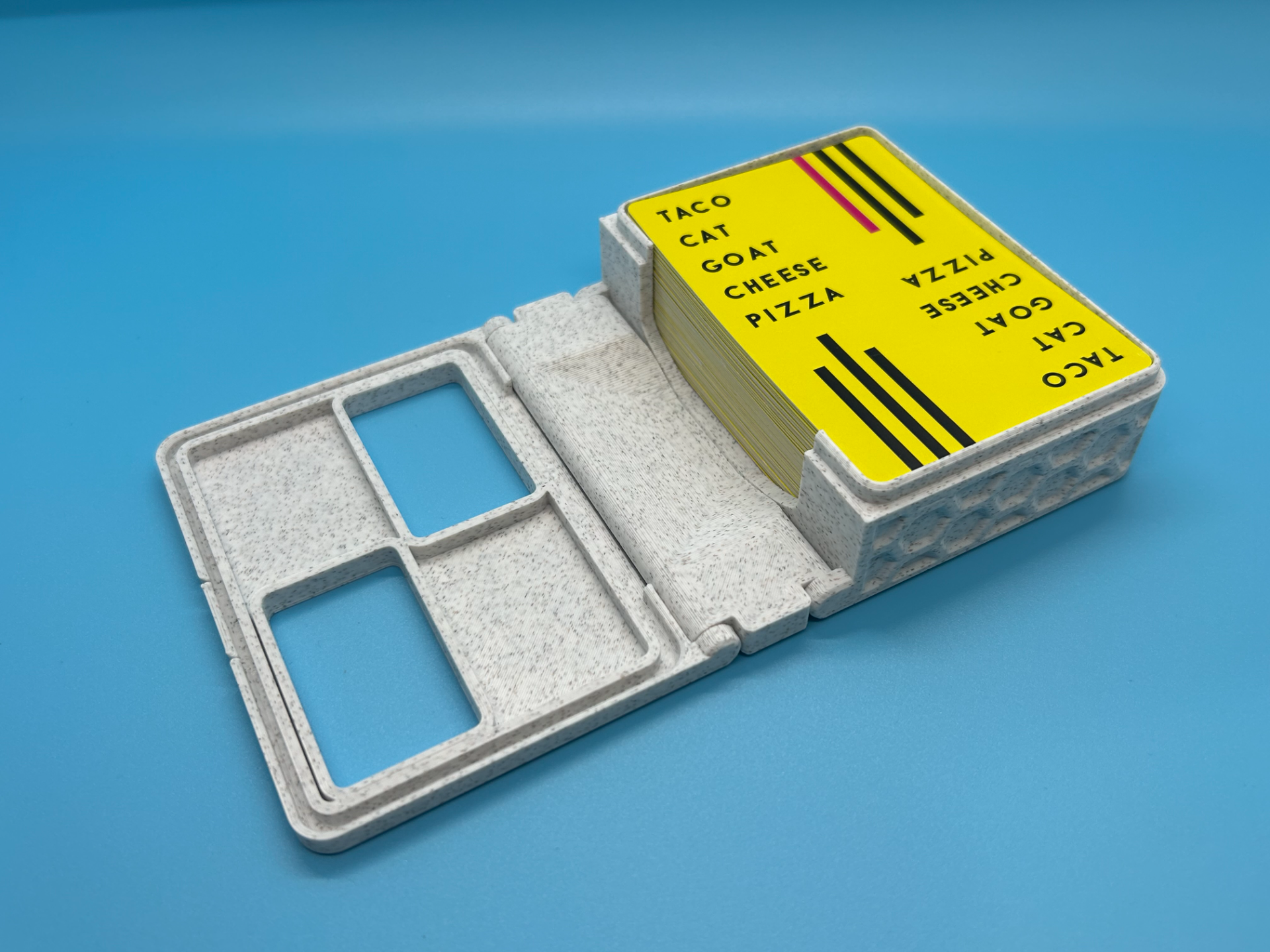 3D printed snap-fit storage box for Taco Cat Goat Cheese Pizza card deck with STL model preview